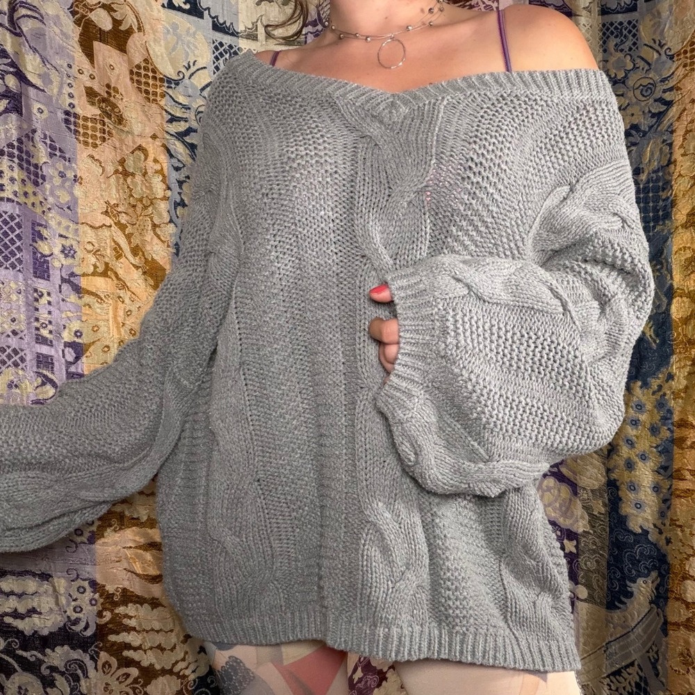 Gray Chunky Cable Knit Off the Shoulder Balloon Sleeve Sweater Fisherman Boho